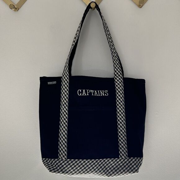 Lands' End Tote Bag Embroidered "Captains" Black with Gingham Canvas Preppy - Picture 9 of 15